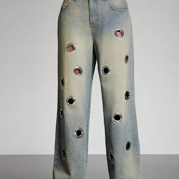 Medium Wash Punk Women's Wide Leg Baggy Jeans